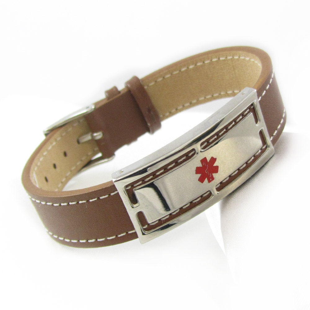 Brown Leather Medical Alert Bracelet CUSTOM ENGRAVED Mens