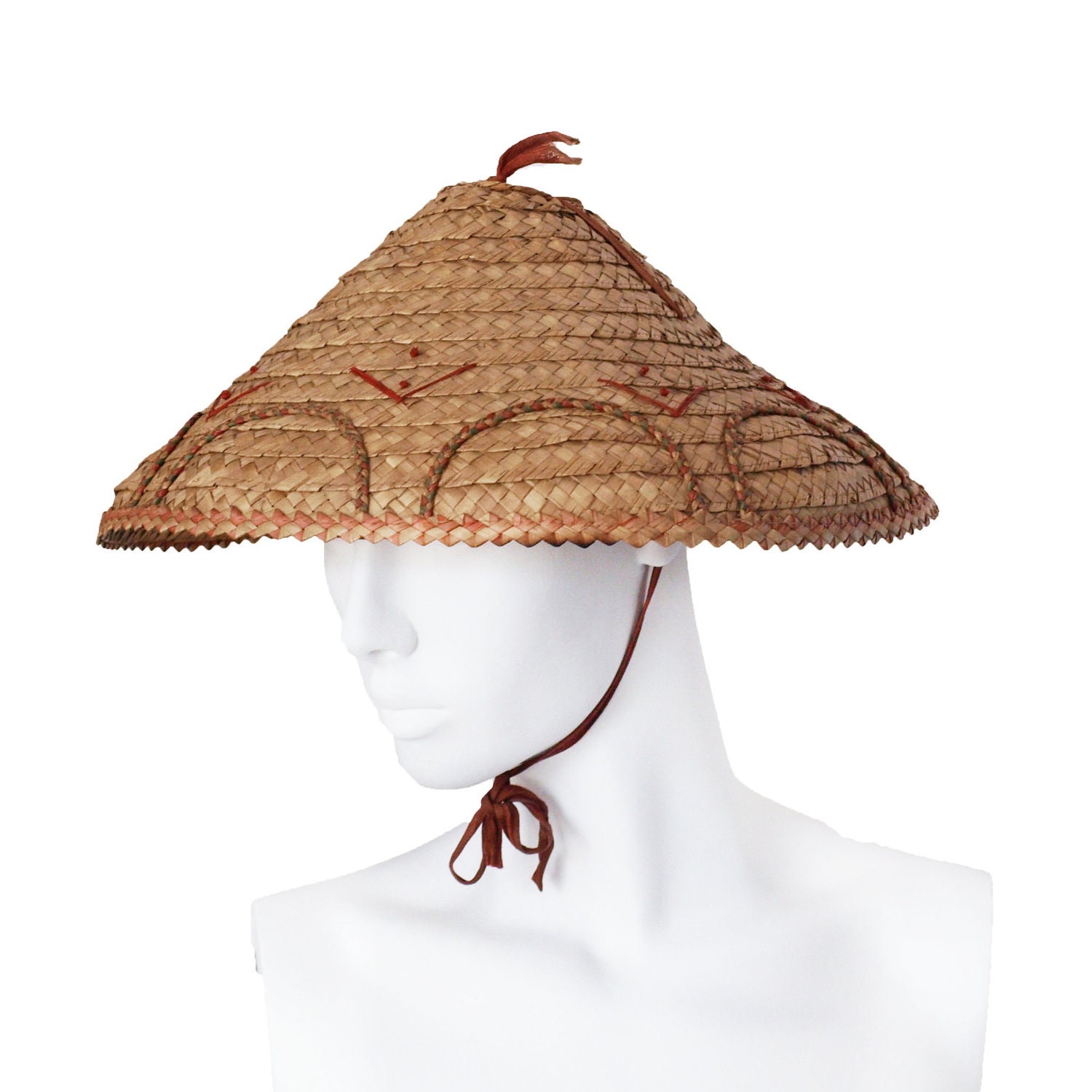 Vintage 1930s straw coolie hat with ribbon ties and art deco