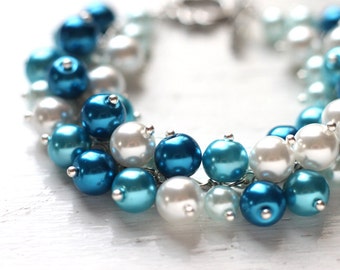Blue Wedding Bridesmaid Jewelry Pearl Cluster Bracelet - Summer Beach Wedding Sea Waves