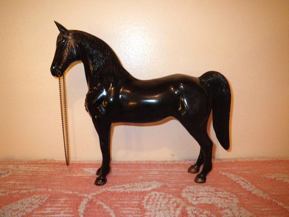 Vintage 1950s Large Black Toy Horse with Metal Chain Reins