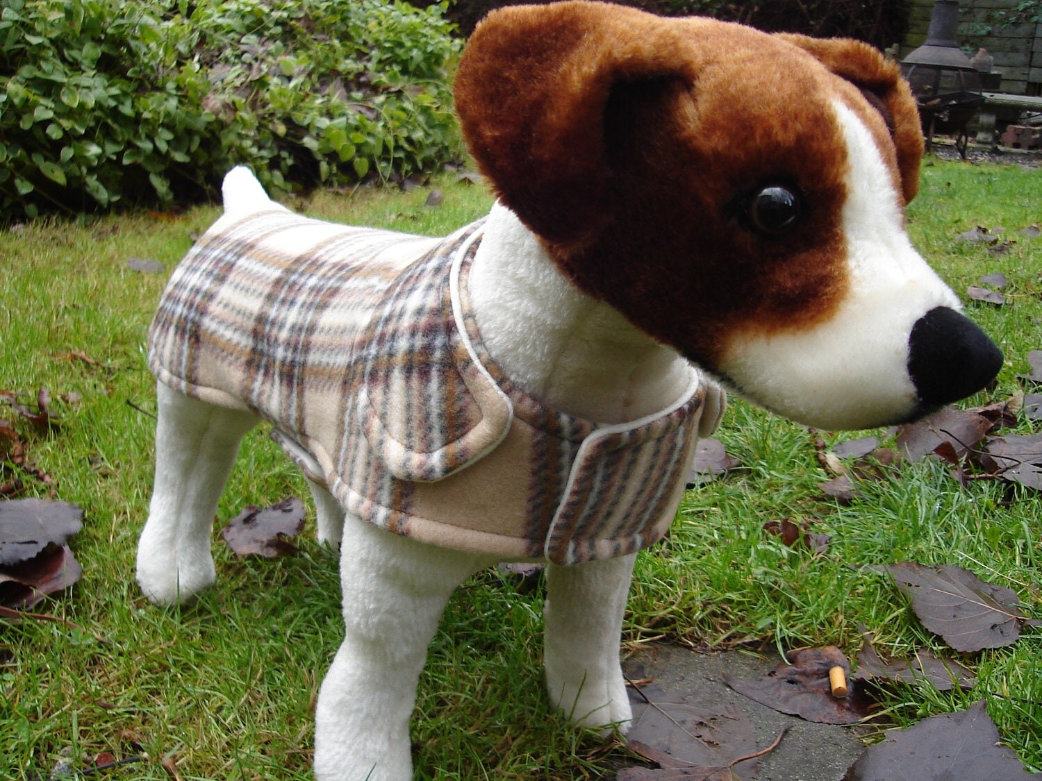 Dog Jacket Brown Tan and Cream Plaid Fleece Dog Coat Size