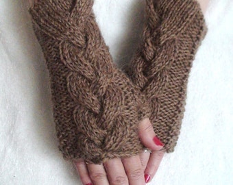 Fingerless Gloves, Cabled Brown Wrist Warmers, Warm Soft Handknit