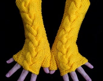 Knit Yellow Fingerless Gloves Cabled Arm Wrist Warmers
