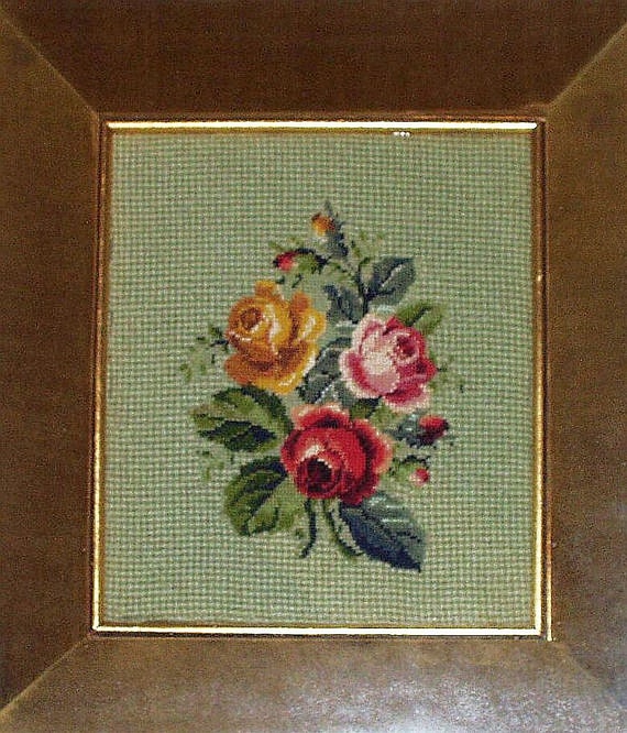 Items similar to Vintage Needlepoint Framed Wall Art Pink Roses Floral