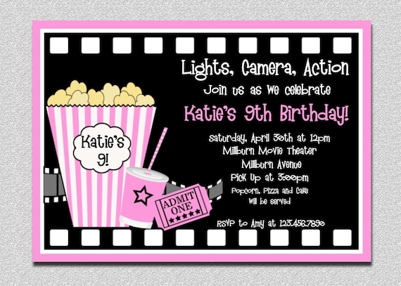 Movie Birthday Invitations Movie Night Birthday Party Invitation Printable Red or Pink Il_570xn