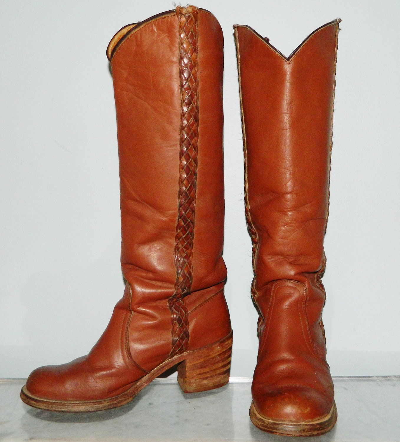 vintage frye boots 70s leather 6.5 braided campus riding boots