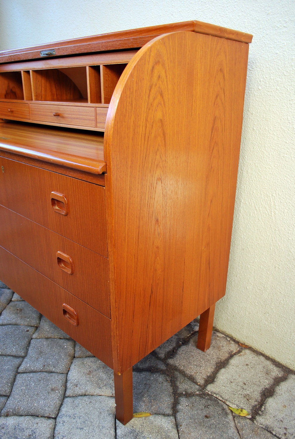 Mid Century Modern Teak Roll Top Dresser and Desk