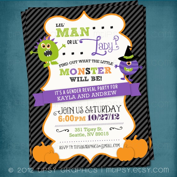What will the Little Monster Be. Gender Reveal. Halloween Edition. Baby Shower Invite by Tipsy Graphics. Il_570xn