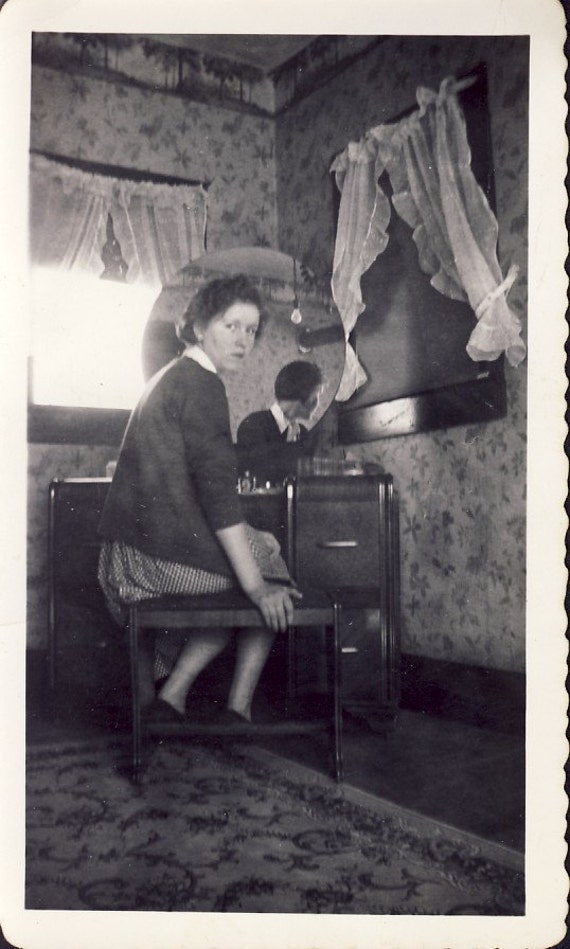 Woman Sitting At VANITY with REFLECTION In MIRROR Photo Circa