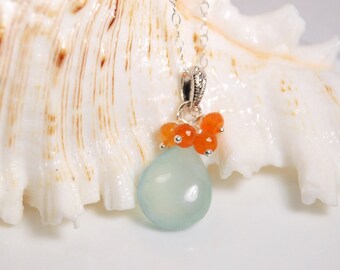 Aqua Chalcedony and carnelian pendant necklace in silver, sterling silver necklace, everyday jewelry