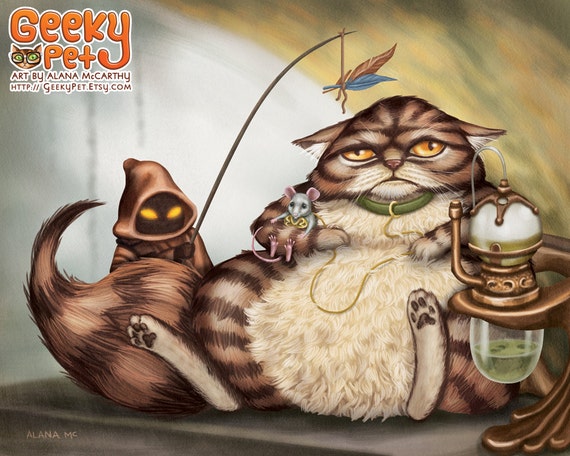Jabba the Cat - 10x8 art print - Star Wars Jabba cat holding slave Leia mouse with a Jawa cat entertaining him with a feather toy