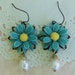 Gerbera Daisy Flower Earrings in Teal Blue and Yellow With Glass Pearl Drop Charm