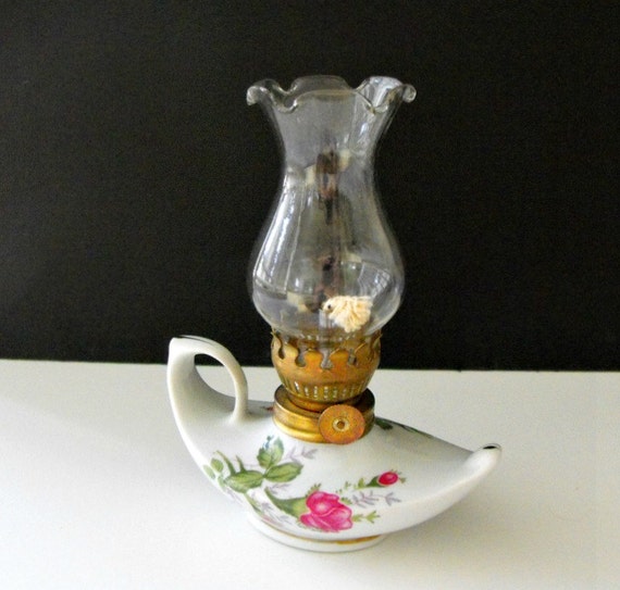 Vintage 1950s Porcelain Miniature Aladdin Oil Lamp Moss Rose Patter Clear Glass Ruffled Top Shade