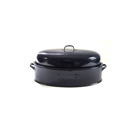 Vintage Dark Blue Savory Enamel Roasting Pan Large No.2