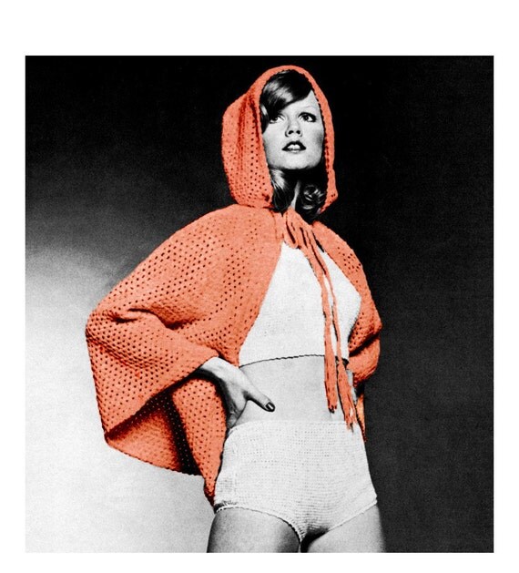 Vintage Crochet Pattern 1970s Cape Hooded Cover Up Bikini Digital Download PDF