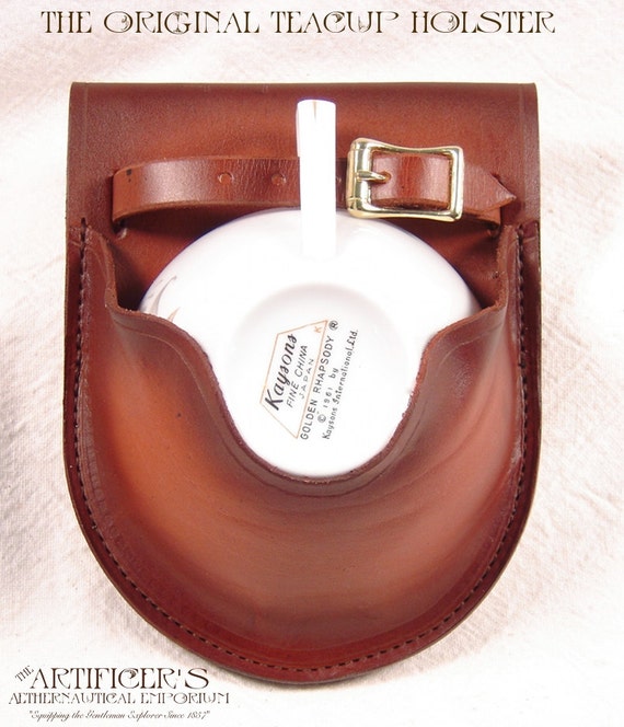 Cowboy Brown Leather Teacup Holster with Vintage Teacup