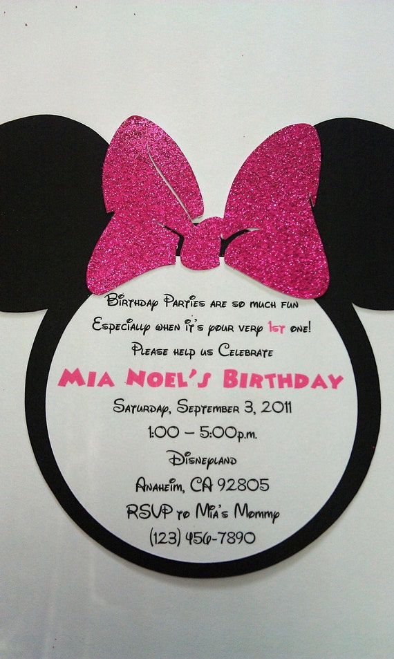 Handmade Minnie Mouse Birthday Invitation sparkly hot pink bow QTY 10