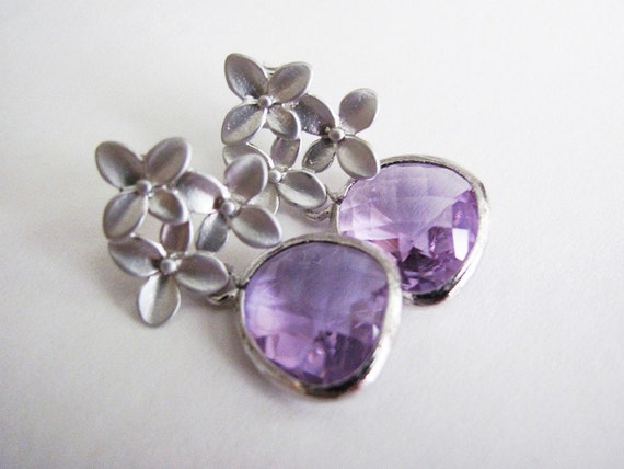 Silver Hydrangea and Lilac Purple Posts Earrings romantic bridesmaids 