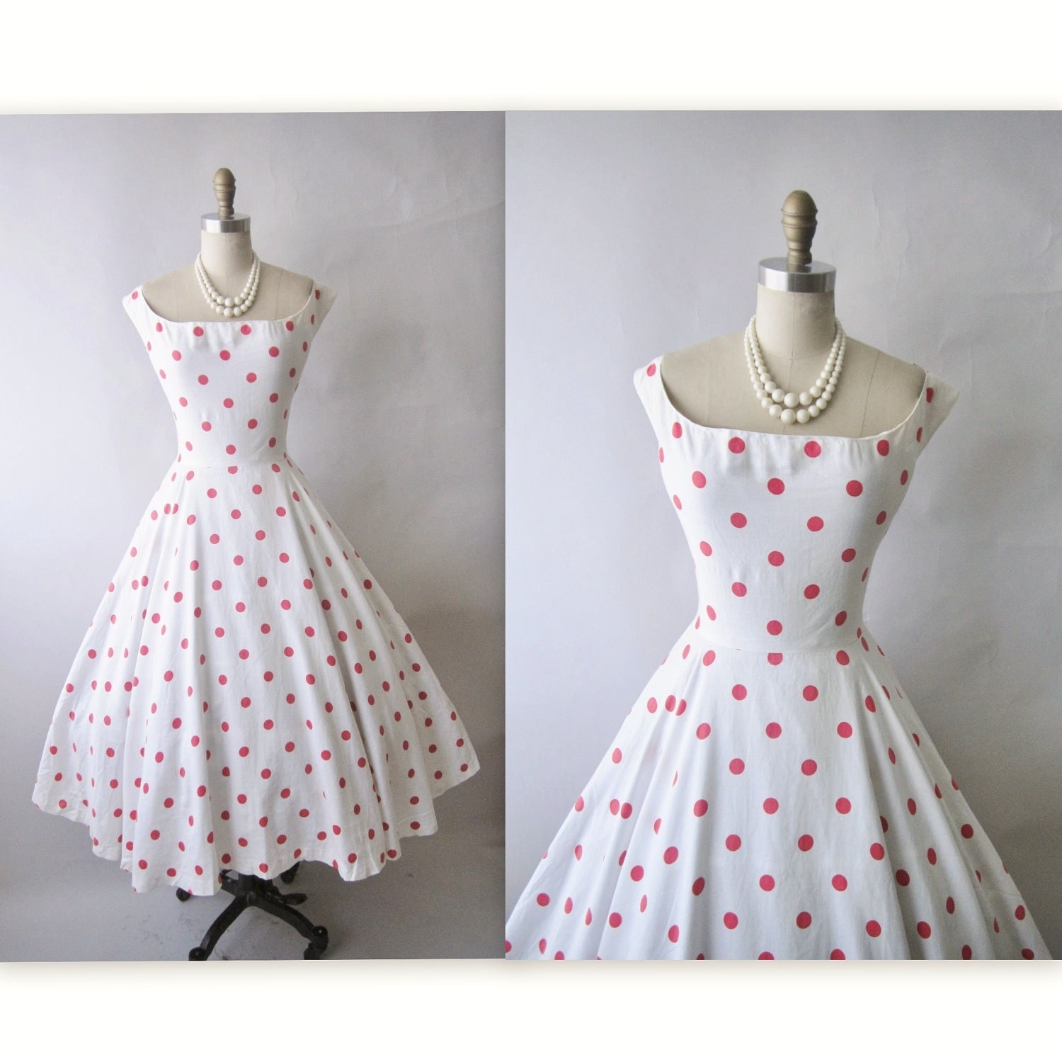 50's Polka Dot Dress // Vintage 1950's Red White Polka