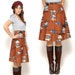 70s High Waisted Skirt Knee Length Brown Midi Skirt Novelty Print A Line Skirt Lady Print 1970s Skirt Boho Hippie / Size XS Extra Small