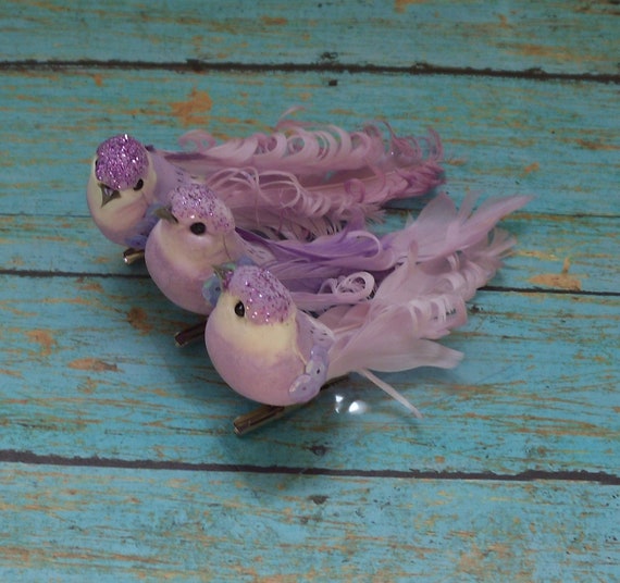 THREE Artificial Decorative LAVENDER Birds on Clips Craft