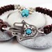 Hamsa - Hand of Fatima Macrame Braided Stacking Bracelet - Turquoise stone / Silver / Brown Leather Cord