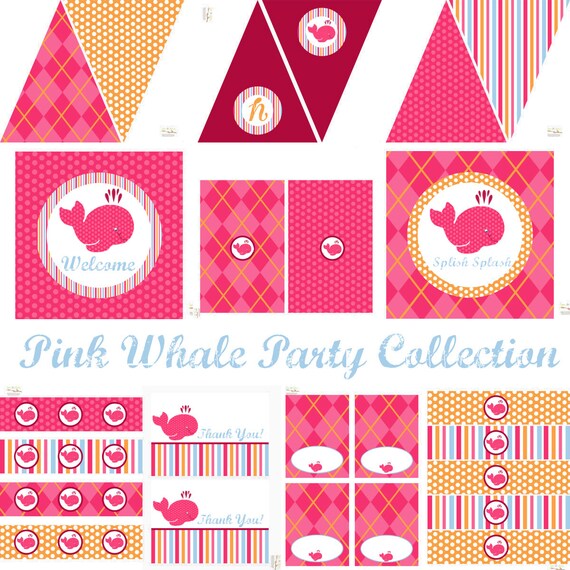 Pink Whale Printable Party Decorations for Birthday Party or Baby Shower - DIY Decor by BeeAndDaisy - INSTANT DOWNLOAD Il_570xn