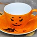 Halloween Pumpkin Coffee Cup and Saucer - Orange and Black Jack-O-Lantern - Made to order