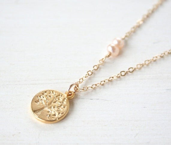 Blossom Tree / Double Sided Gold Coin Necklace /Simple pearl