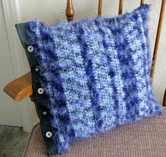 Upcycled Reclaimed Denim & Buttons Crocheted Blue Throw Pillow Cover 16X16 Washable