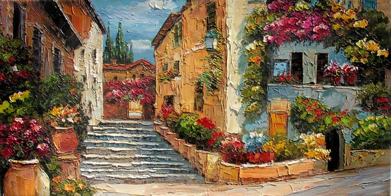 ORIGINAL Oil Painting Summer Afternoon 45 x 23 Italian Village