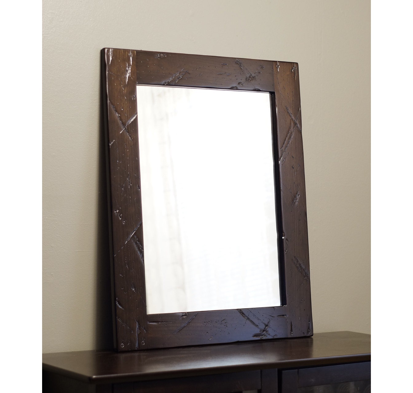 Distressed Wood Mirror Bathroom Dark Brown Rustic by KennethDante