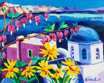 Original Oil Painting-Santorini with flowers 13x10 in Landscape Painting Original Art Impressionistic OIl on Canvas by Ivailo Nikolov