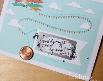 SALE! 1 Retro Airplane Pregnancy Announcement Scratch-off Card / Envelope Set