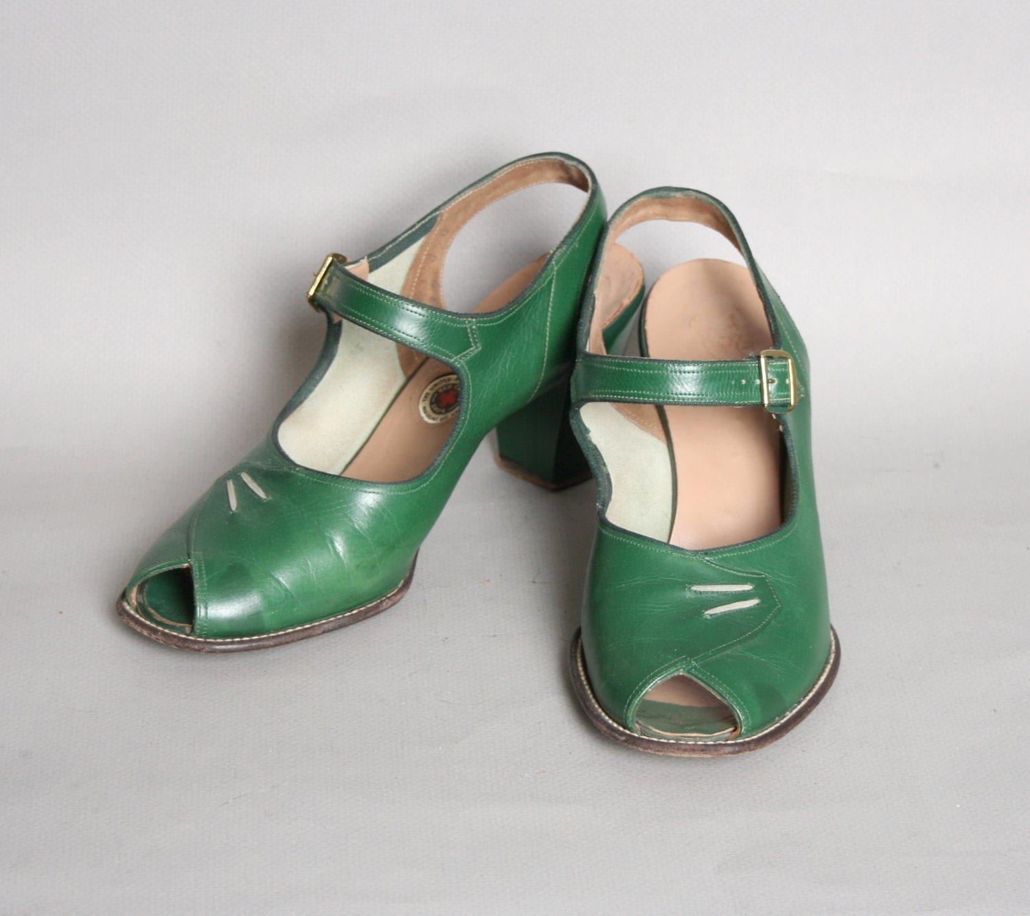 1940s PEEP Toe HEELS / Emerald Green Mary Janes by LuckyDryGoods