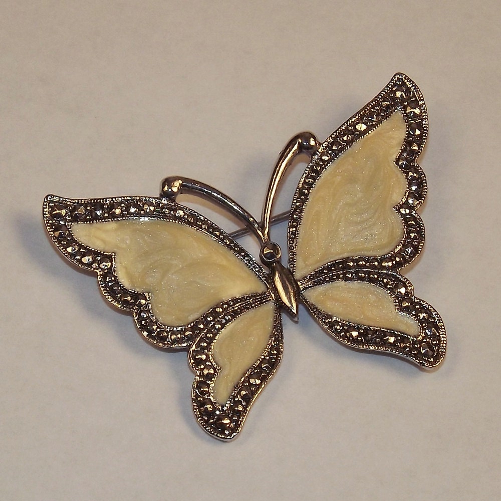 Vintage Butterfly Brooch Cream Enamel Marcasite by 4dollsintime