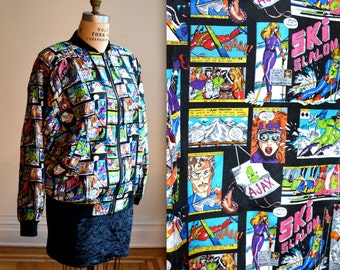 90s Silk Bomber Jacket Nicole Miller Vintage with COMIC COMIC CON Ski Jacket Print size Large