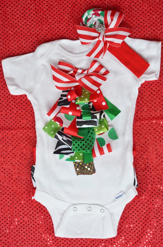 Baby Girl Ribbon Christmas Tree Onesie..Ruffle Butt Onesie..