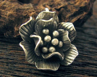 Karen Hill Tribe Ruffled Roses - 1 Large 18mm Fine Silver Flower Charm - Doubled Petaled Pendant - P14