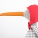 Gray bird with red Longggg Golden beak Wearing red Hood hat , Retro plaid shirt and striped red ,white jeans - handmade doll
