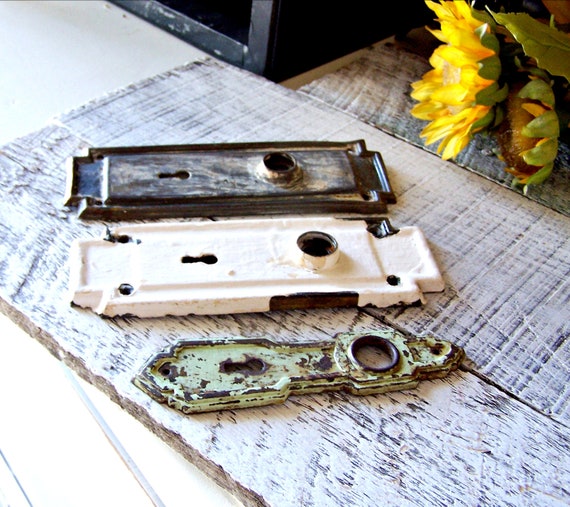 Vintage Chippy Shabby Escutcheon Plates / Door Plates Set of 3