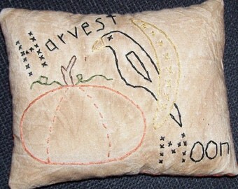 Primitive Harvest Moon Crow Pumpkin Fall Stitchery Pillow
