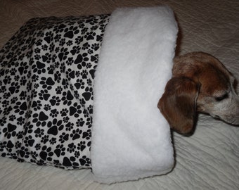 Small Dog White with Black Pawprints Print Snuggle Sack / Sleeping Bag FREE SHIPPING within the US