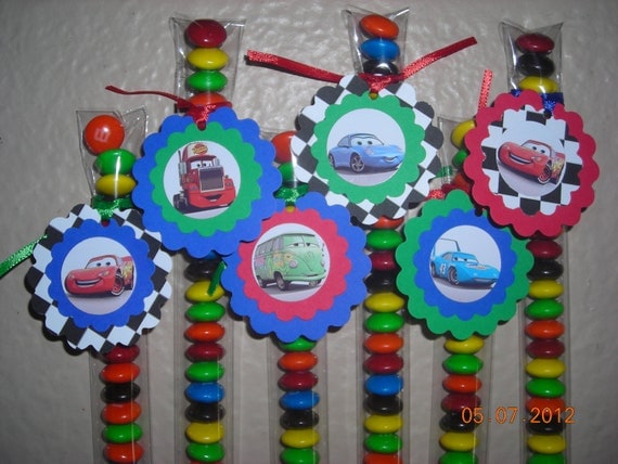 12 Cars Lightening McQueen Candy Treat Bags Favor Tags Stix Tubes Toppers Personalized Birthday Party Boys Mater Ramone Betty Disney