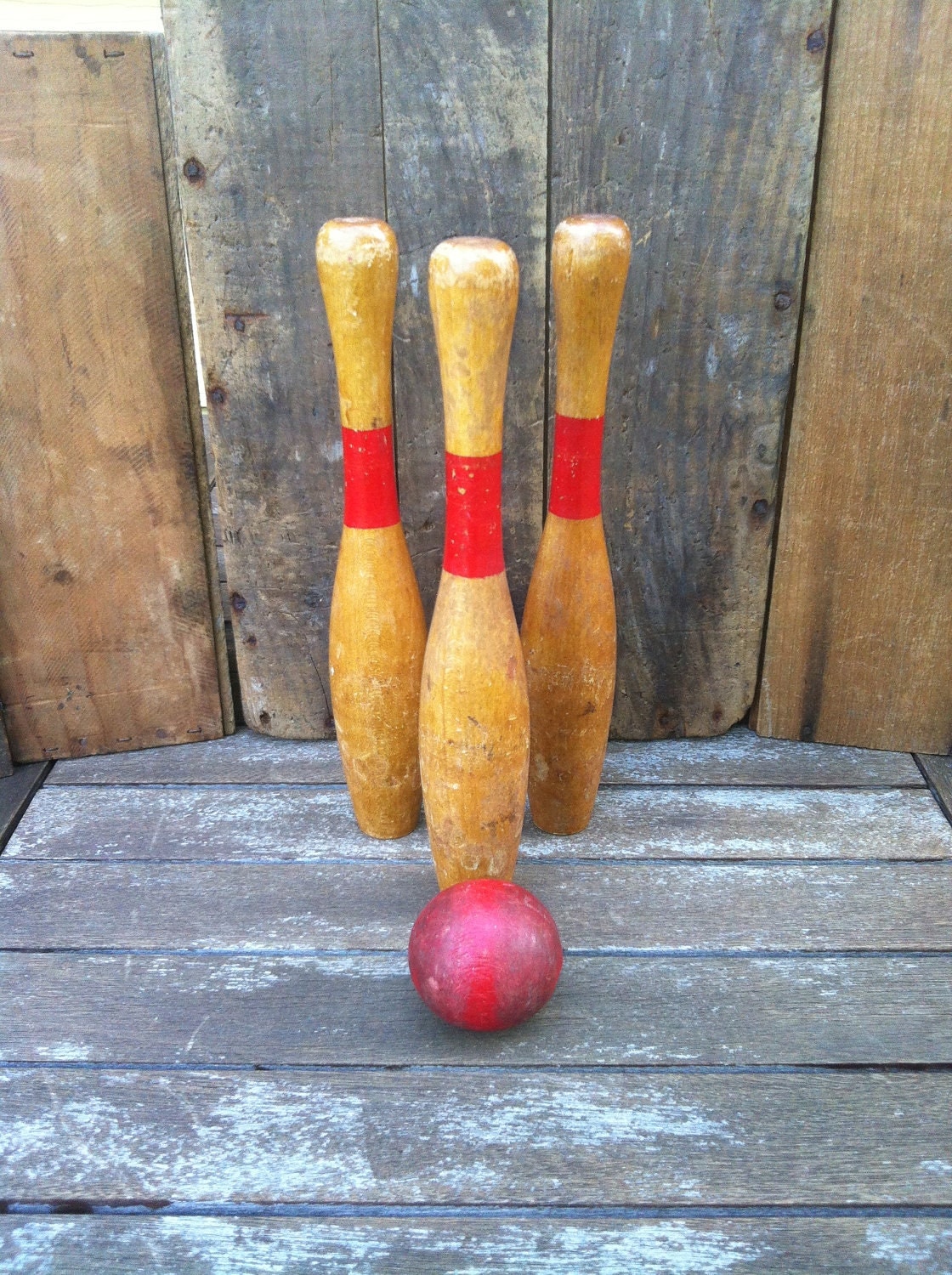 Vintage Wooden Bowling Pins with Ball
