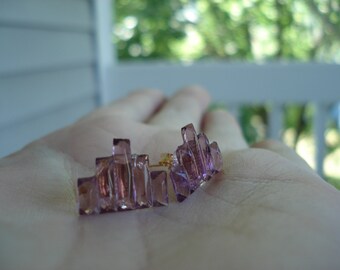 Vintage Purple Amethyst Art Deco Glass Cabochons Stud Pierced Earrings City Skyline Stones