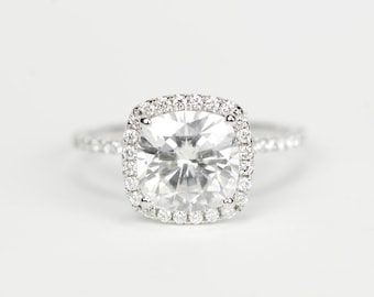 CERTIFIED - 8mm Enhanced Cushion Moissanite & Diamonds Ring 14K White Gold