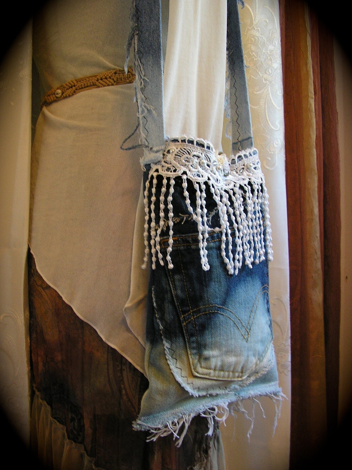 Tattered Denim Bag blue jean bleach dip dyed shabby cool