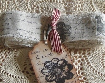 Handmade Vintage Muslin Ribbon with French Script and Flower