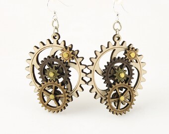 Earth Tone Kinetic Wood Gear Earrings #5003B